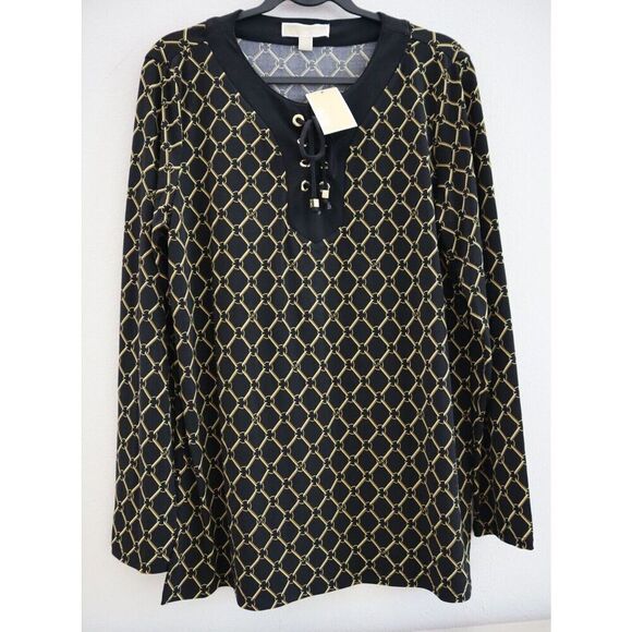 Michael Kors Women's Sz L Black/Gold Logo Chain Print Lace-Up Tunic Blouse - Picture 1 of 10